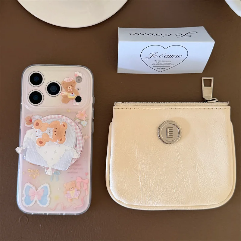 귀여운 만화 곰 나비 자석 휴대폰 케이스 아이폰 17 프로 16 14 15 프로 맥스 커버 홀더 포함 충격 방지 케이스 재미있는 디자인