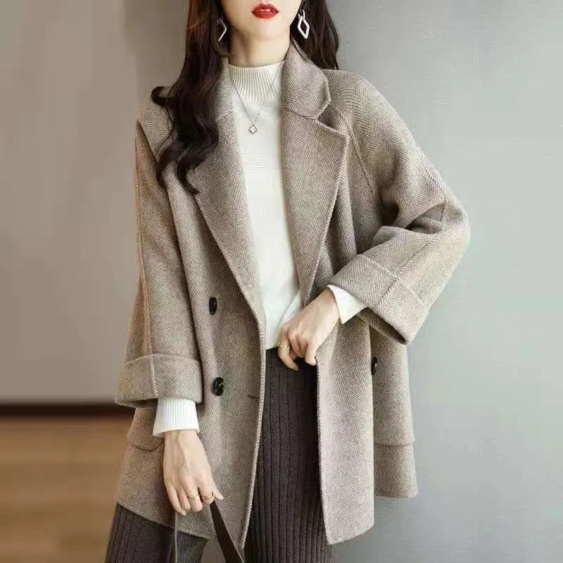 New Elegant Women Mid-length Woolen Coats Office Lady Autumn Winter Korean Loose Warm Thick Wool Blend Jackets Female Outerwear