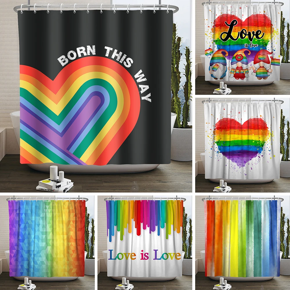 Rainbow Shower Curtain Love is Love Colorful Heart Shaped Bathroom Waterproof Bathtub Partition with Hooks Opaque Shower Curtain