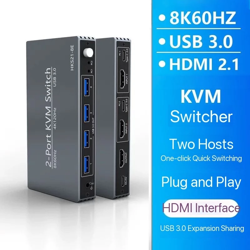 4K 60Hz USB2.0 HDMI KVM Switch 8K@60hz HDMI Displayport DP KVM Switch for 2 Laptop PC Computer Share 1 Monitor and 4 Port USB3.0