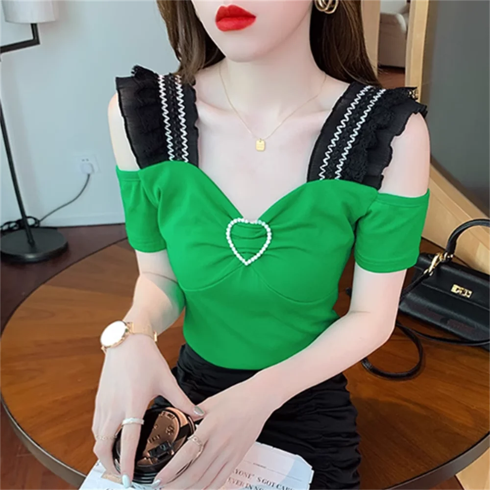 

open-shoulder T-shirt women's short-sleeved summer lace spliced blouse slim blouse