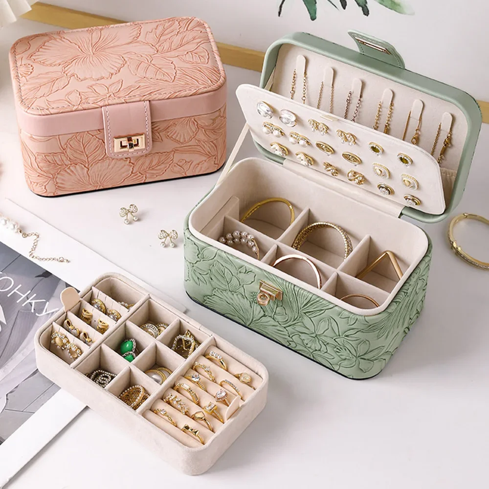

Ring Organizer Box High-End Leather Jewelry Box Double Layer Jewelry Box Portable For Dresser Home Display