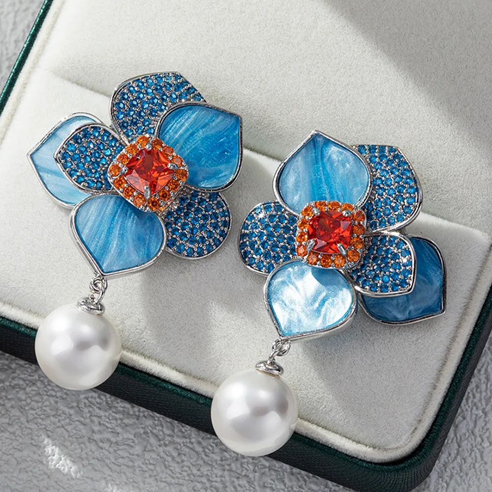 

Missvikki Charm Fresh Lovely Flower Pearl Earrings Shiny Cubic Zircon Drop For Bridal Wedding Party Jewelry High Quality New Hot