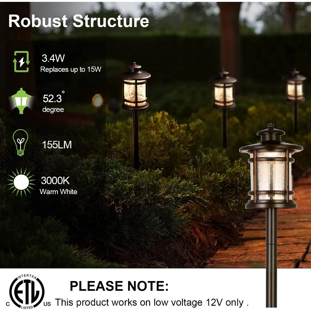 Low Voltage ORB LED Landscape Path Light W/ Crackled Shade, 3.4W 155LM 12V Wired Outdoor LED Walkway Light