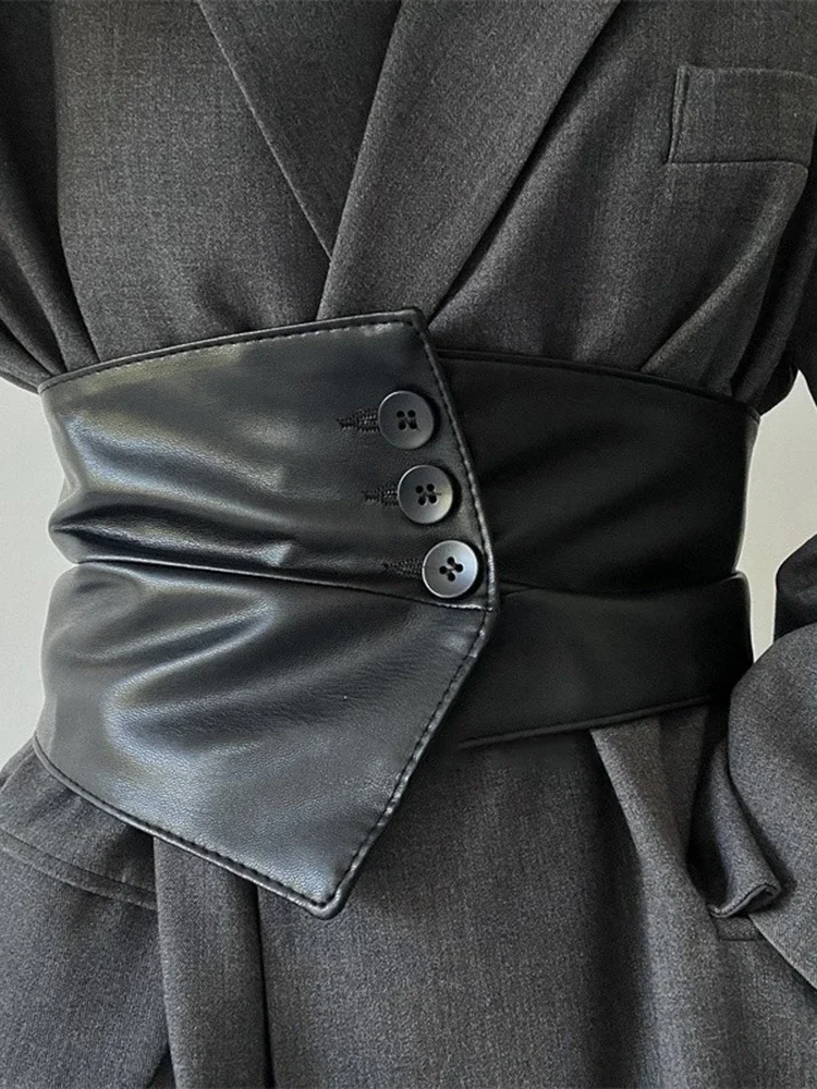 Vestido con pretina negra para mujer, cinturilla decorativa, camisa elástica a la moda, traje, cintura ancha elástica, novedad de 2024