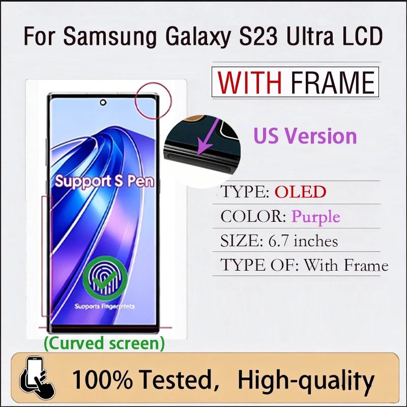 S23U Scherm voor Samsung Galaxy S23 Ultra S918 6.8" Super AMOLED Display Touchscreen Digitizer Assemblage Ondersteunt S Pen Vingerafdruk Onderdelen