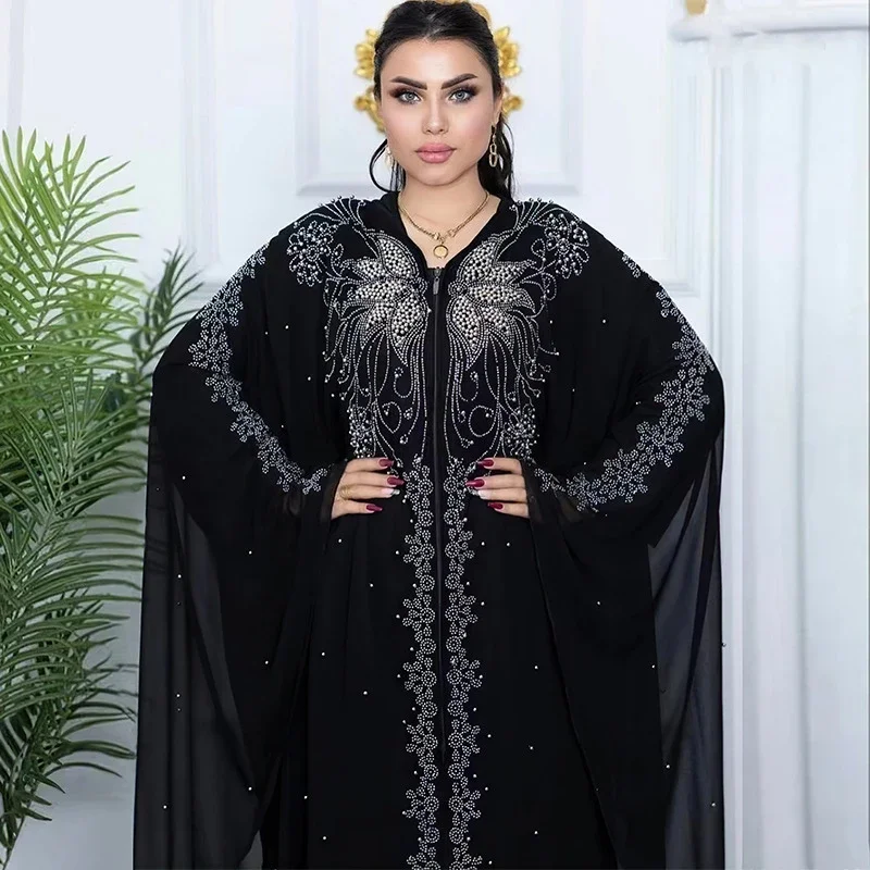 

Black Chiffon Hooded Abayas Women Muslim Zipper Dress African Dashiki Dubai Turkey Robe Kaftan Moroccan Caftan Traditional Gown