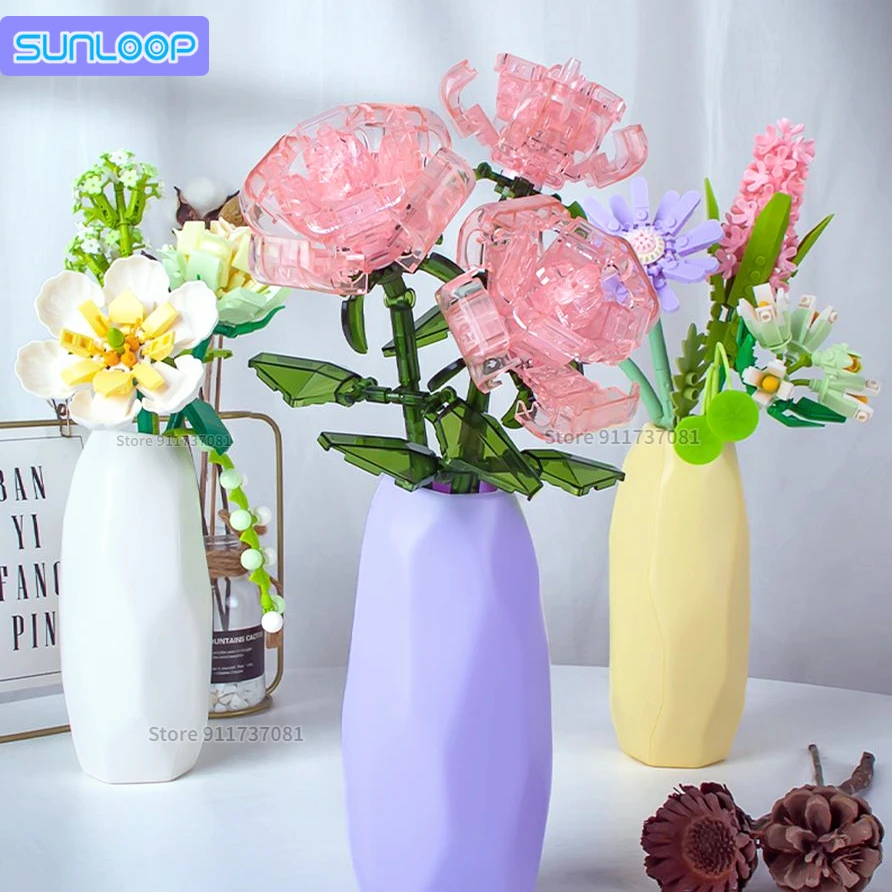 

With Vase Eternal Flowers Building Blocks ABS Rose Bouquet Girl's Gifts for Best Friends Lovers Mother's day Assembly Toys