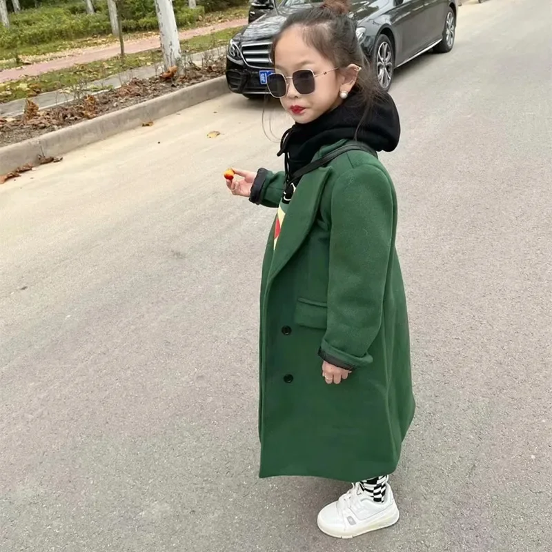 Girls Kids Woolen Coat Jacket Overcoat 2023 Long Warm Plus Thicken Winter Cotton  Fleece Children's Clothing