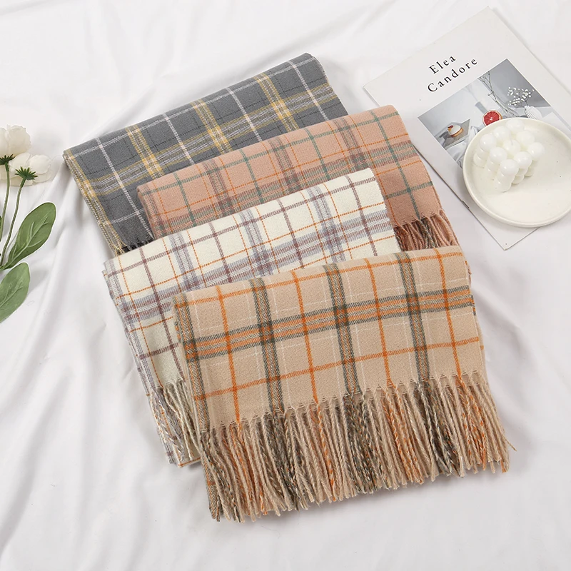 

Новый клетчатый шарф из пашмины с кисточками, женский зимний теплый платок, модные мягкие накидки, кашемировые шарфы, роскошный шейный платок, глушитель