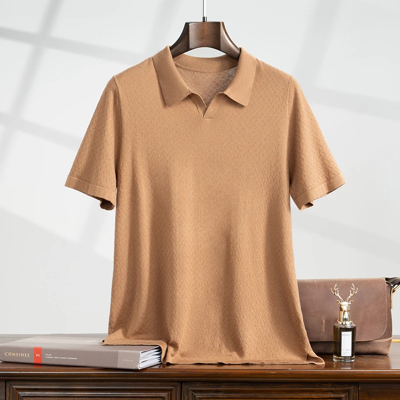 Summer Men's Silk Polo Neck Short Sleeve Solid Color Knitted Cashmere T-Shirt Business Casual Top for Men