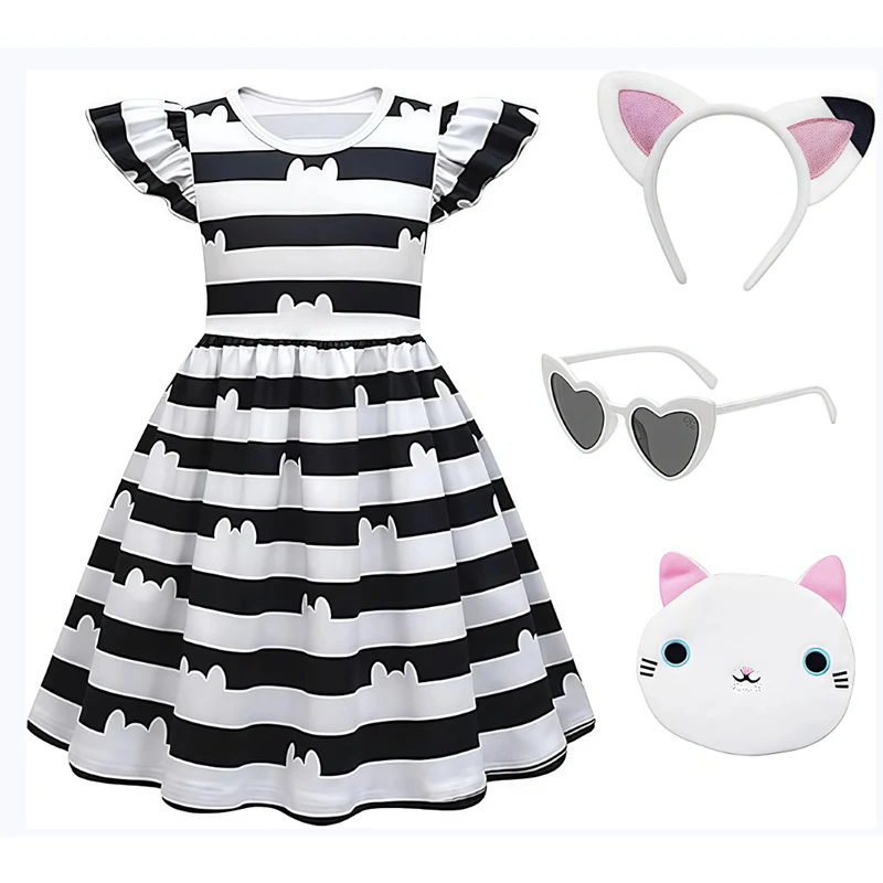 Karneval Mädchen Partykleider Cartoon Katze Kinder Schwarz-Weiß Gestreiftes Prinzessinnenkleid Halloween Mädchen Cosplay Kostüm