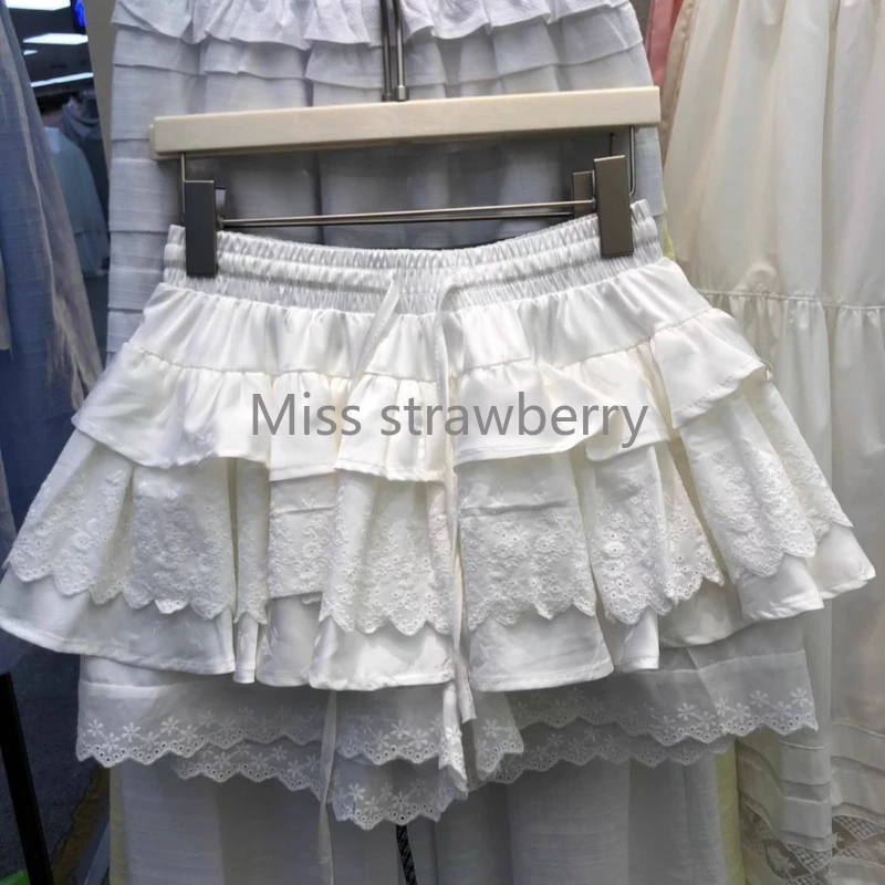 Summer Vintage Lace Elastic Waist Short Skirt Women High Street Y2k Patchwork Plaid Skirts Female Design Hepburn  A-line Skirt