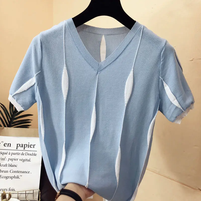 Ice Silk Short Sleeve T-shirt for Women Summer New Thin Striped Loose All-match Youth Casual Tops Tees Vintage Fashion Clothing