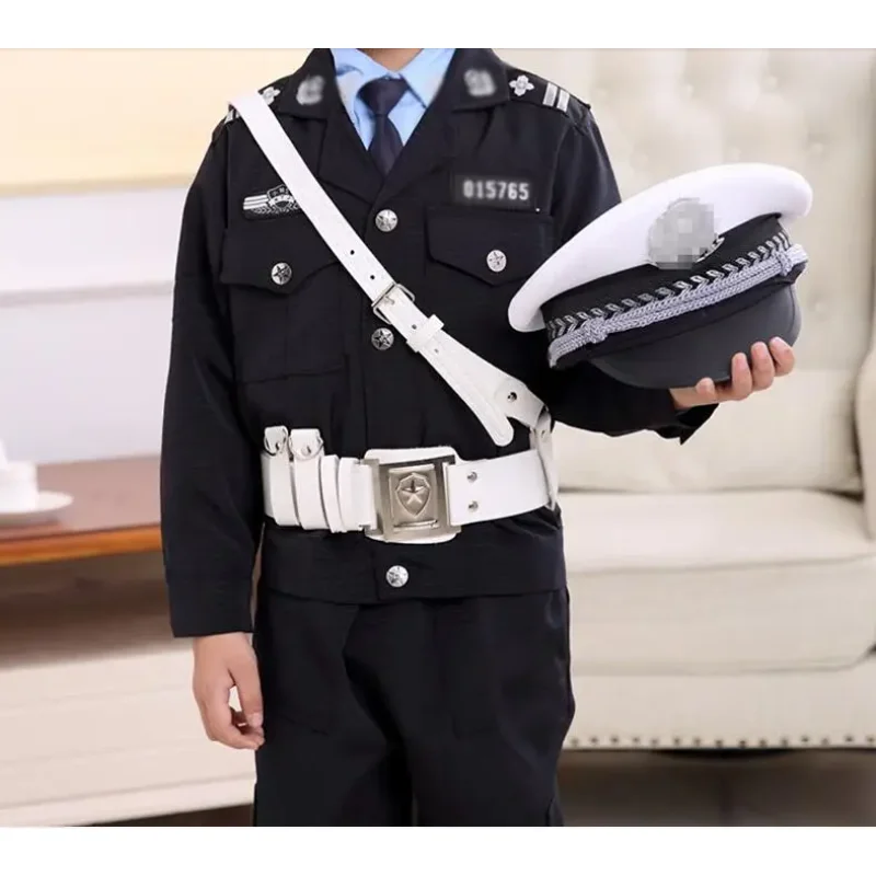 Police Uniform Boy Performance Clothing Include Jacket Pant  Belt Hat Traffic Cosplay Suit Spring