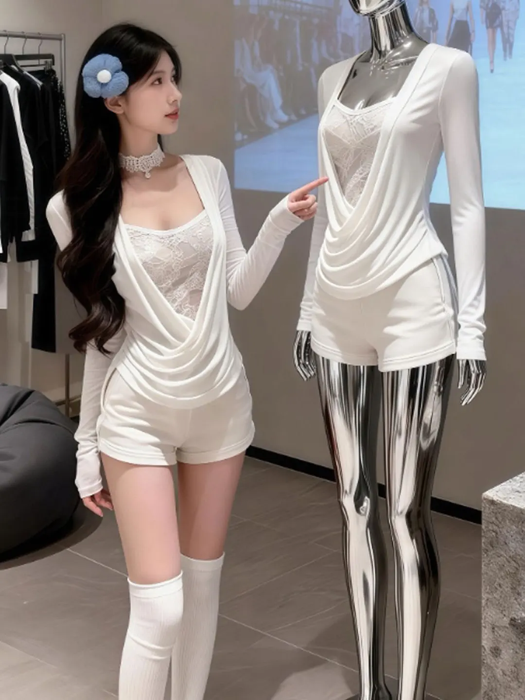 

Sexy Lace Splice T-irt Pure Desire Sle Long Sve Cotton Spring New Arrival Faionable Top for Women Ci Walk And Travel