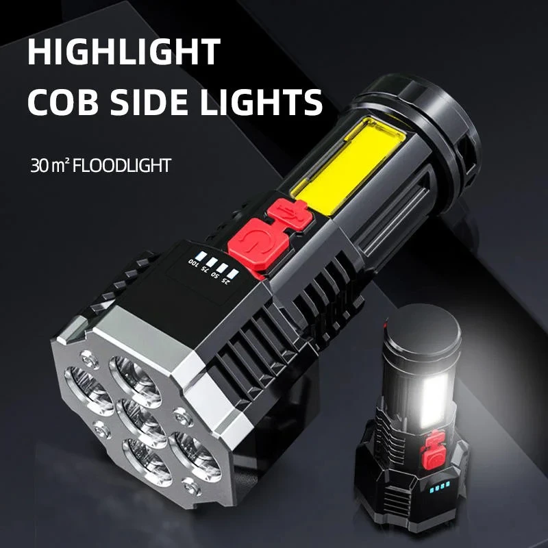 Rechargeable Portable LED Flashlight USB Waterproof 5 Core Handheld Lantern COB Flashlights for Outdoor Camping Hiking Hunting