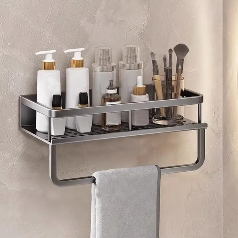 Shower Wall Shelf Towel Rack Bathroom Draining Wall Mounted Shelves With Towel Rack Drill Free Floating Shelf For Wall Bathroom