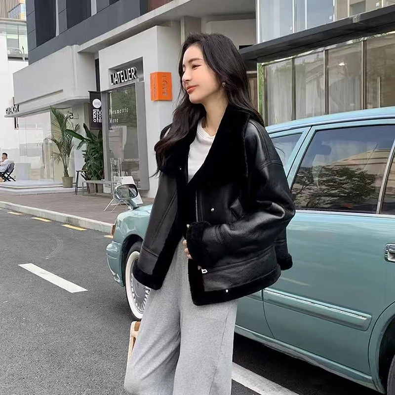 معاطف شتوية من الفرو للسيدات باللون الأسود مع سحاب فضفاض للدراجات النارية معطف صوف ميرينو من الجلد والفرو سترة نسائية من Abrigos Mujer #5