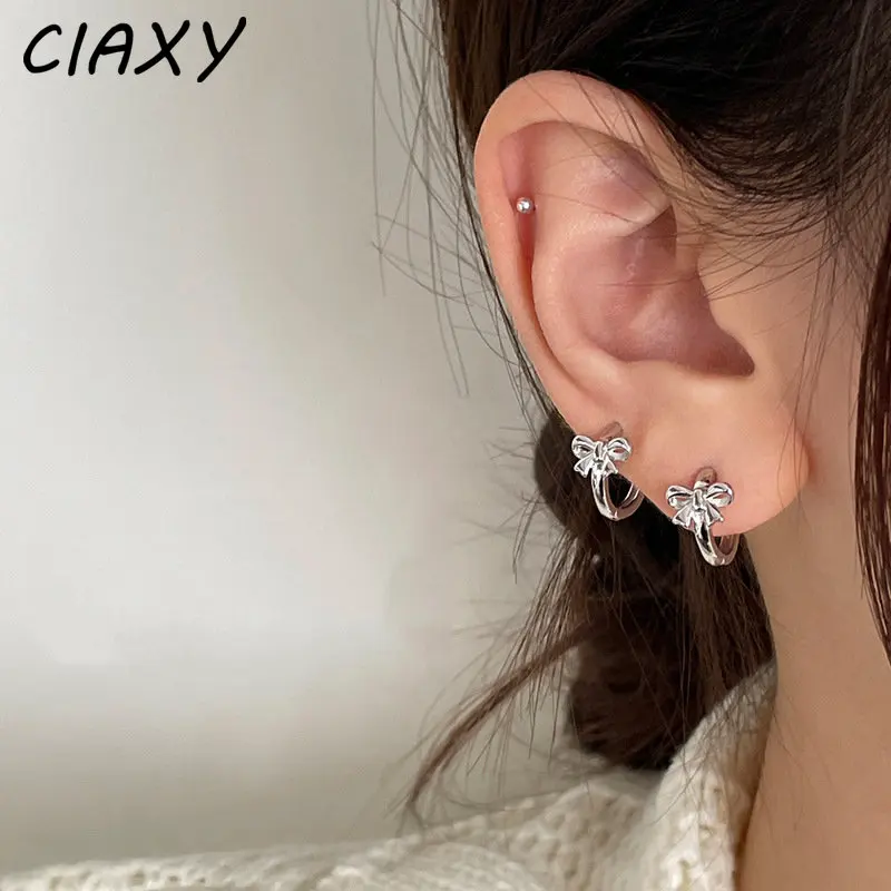 CIAXY Silver Color Bow Ear Buckle Earrings for Women Girl Temperament Simple Hoop Earring Korean Fashion Jewelry