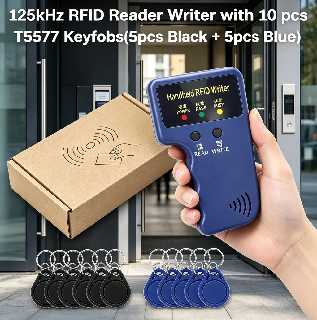 125KHz Handheld RFID Duplicator Reader Writer Copier Kit With 10Pcs Rewritable T5577 Clone Keyfobs For Access Control EM4305