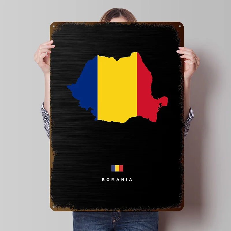 Romania Map With Flag Tinplate Posters Customizable Wall Art Retro Vintage Metal Signs for Home Room Office Decoration Gaming