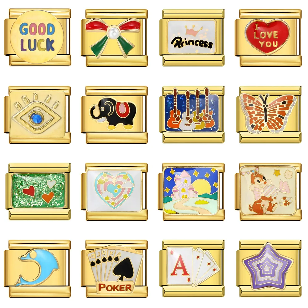 

New Gold Color Glaze Animal Heart Love Luck Italian Link Charms Fit 9mm Jewelry Stainless Steel Bracelet Making DIY Bead Gift