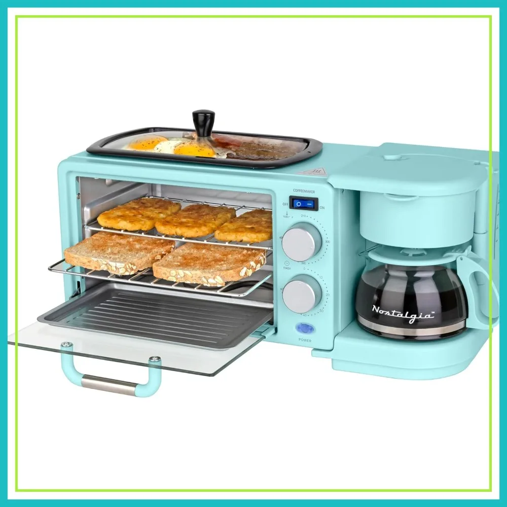 

3-in-1 Retro Breakfast Station: Coffee Maker, Griddle, Toaster Oven with Timer, Reusable Filter, Space-Saving, Aqua