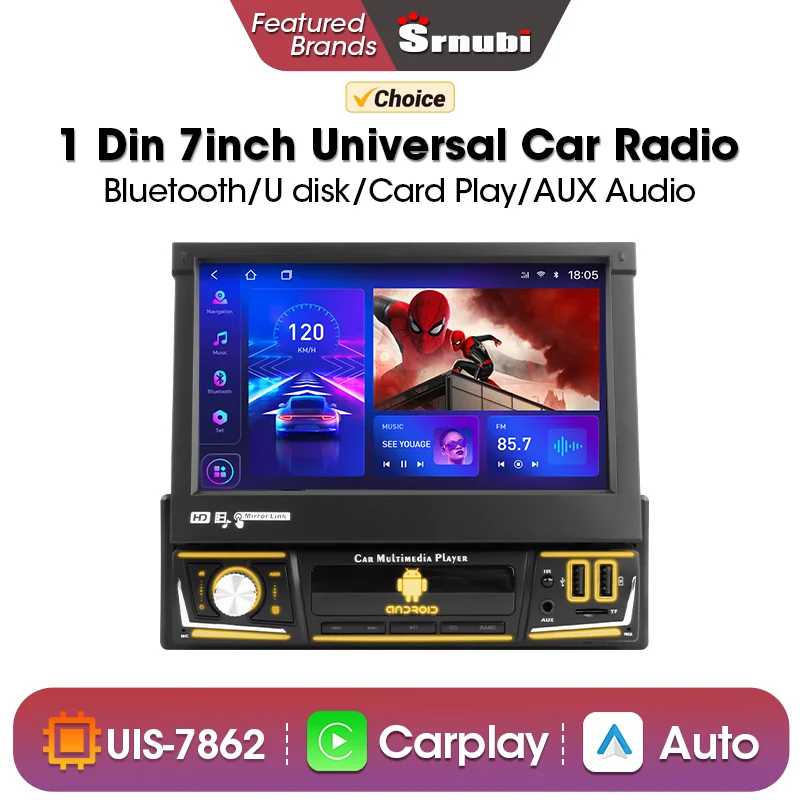 

Srnubi Universal 7 inch 1Din Radio Android Player Touch Retractable Screen WiFi Carplay Car Stereo Video GPS Navigation Stereo