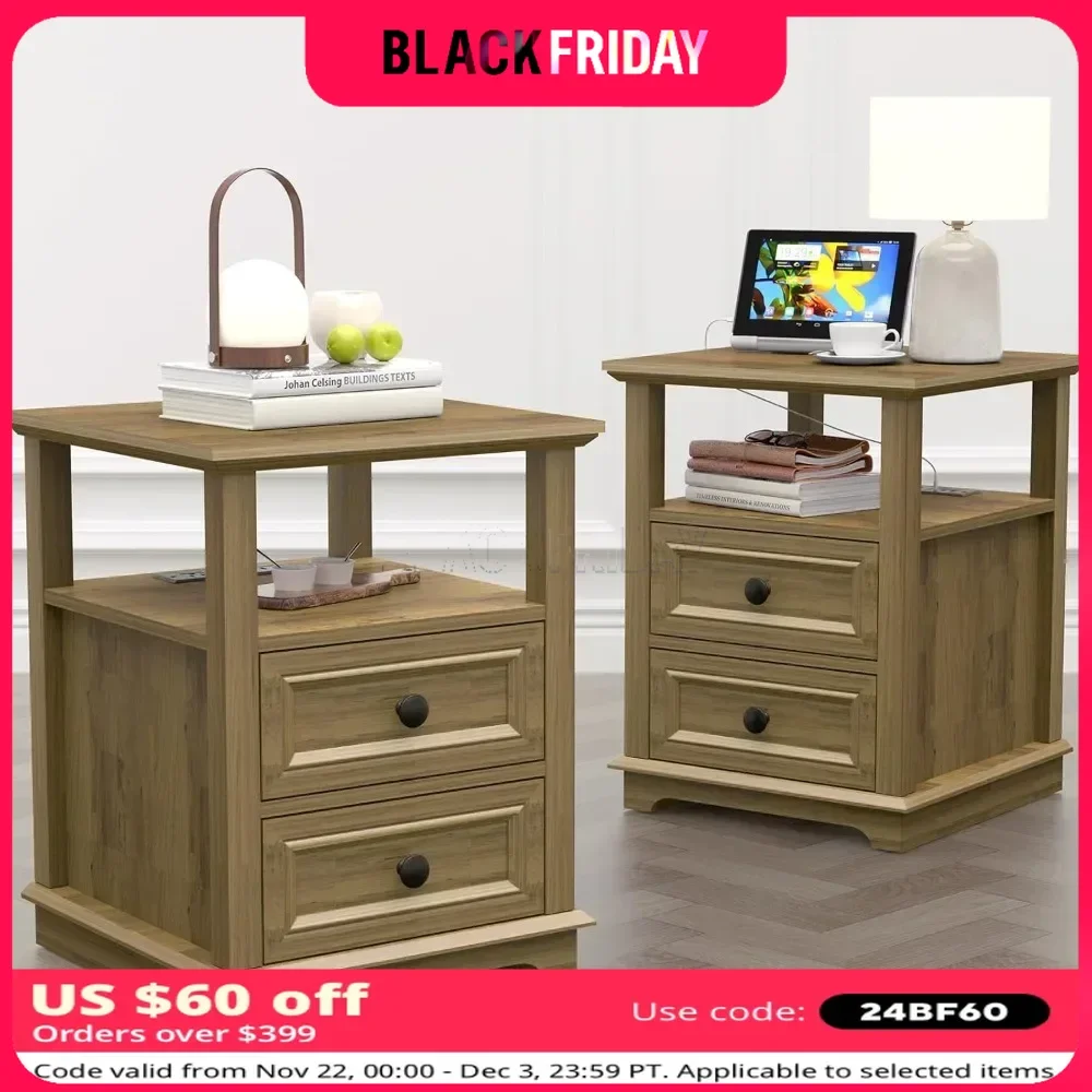 Nightstand Set of 2  with Charging Station &  18W Fast Charge Drawers & Open Shelf Rustic Wood Storage Cabinet