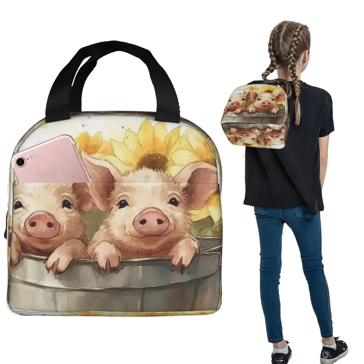 Funny Pig Surround By Sunflower Insulated Lunch Bag for Women Kids Portable Food Boxes Thermal Lunch Box Tote