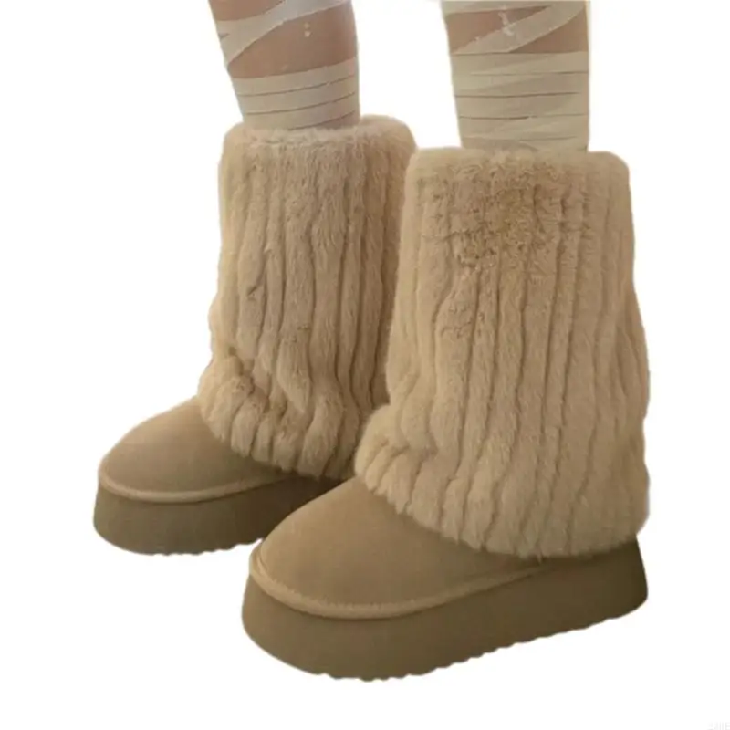 23GE Fuzzy Faux Furs Leg Warmers Furs Long Cuffs Cover Has Elastic Pair Carnivals Boot Cover Y2K JK Uniform