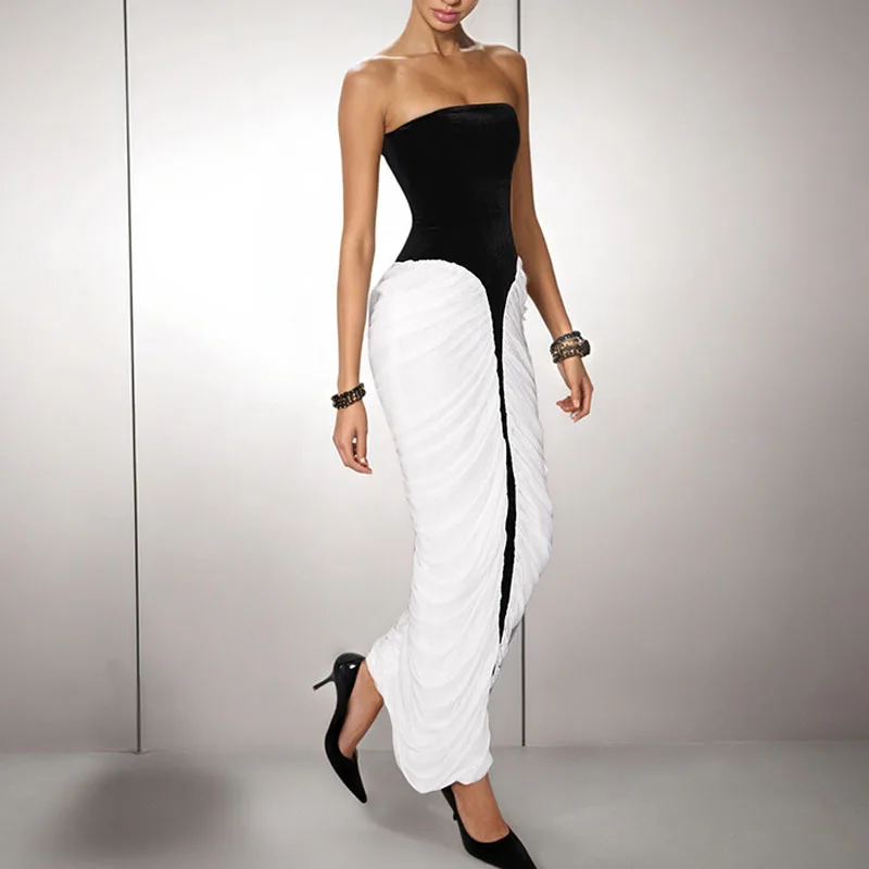 섹시한 홀터 슬리브리스 슬림핏 칵테일 드레스 여성 패션 하이웨이스트 드레이프 롱 드레스 블랙 화이트 패치워크 이브닝 드레스