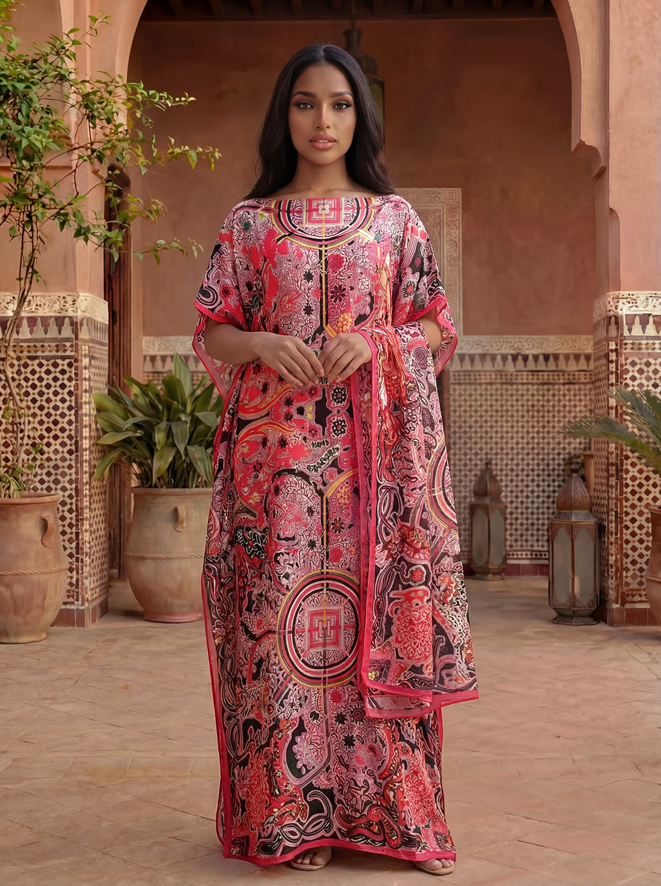 

Fashionable Silky Shawl Dress for Muslim Women Free Size Ramadan Abaya Short Sleeve African Elegant Boubou Scarf Summer Wear