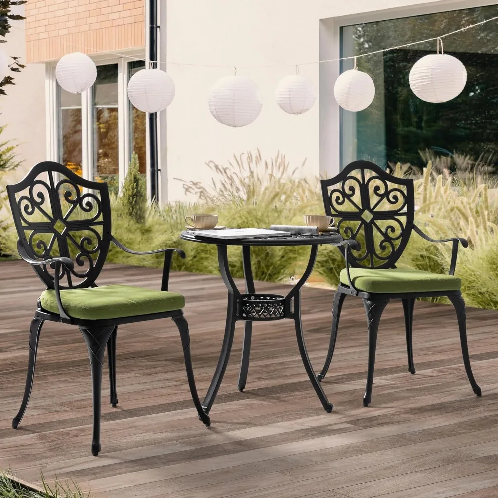 

3 Piece Outdoor Bistro Set Cast Aluminum Patio Set Bistro Table Set Rustproof Patio Table and Chairs with Umbrella Hole