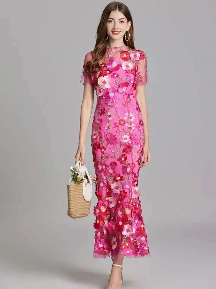 Runway New Summer Mesh 3D Flower Embroidery Lace Mermaid Evening Prom Dress Women Short Sleeve Holiday Wedding Party Vestido