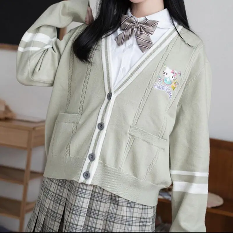 

Свитер Sanrio Hello Kitty Kuromi Melody, кардиган, вязаный свитер, женское пальто, свободные топы в консервативном стиле с закрученным тестом и карманами