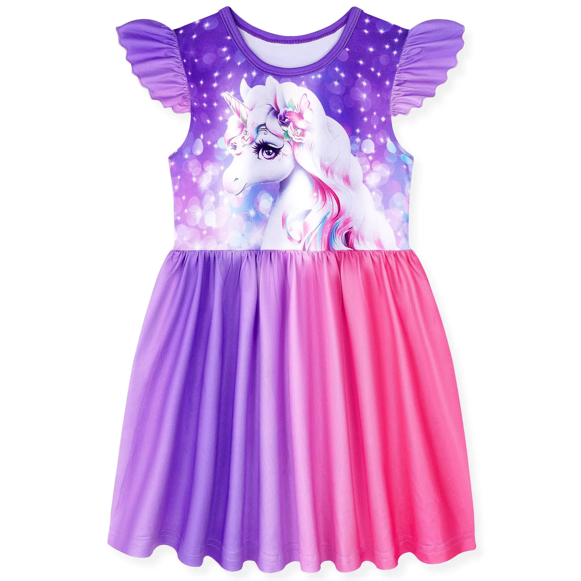 New Kids Unicorn Girls Dress Summer Clothes Starry Gradient Princess Dresses Fashion Children Fly Sleeve Pleated Party Vestidos