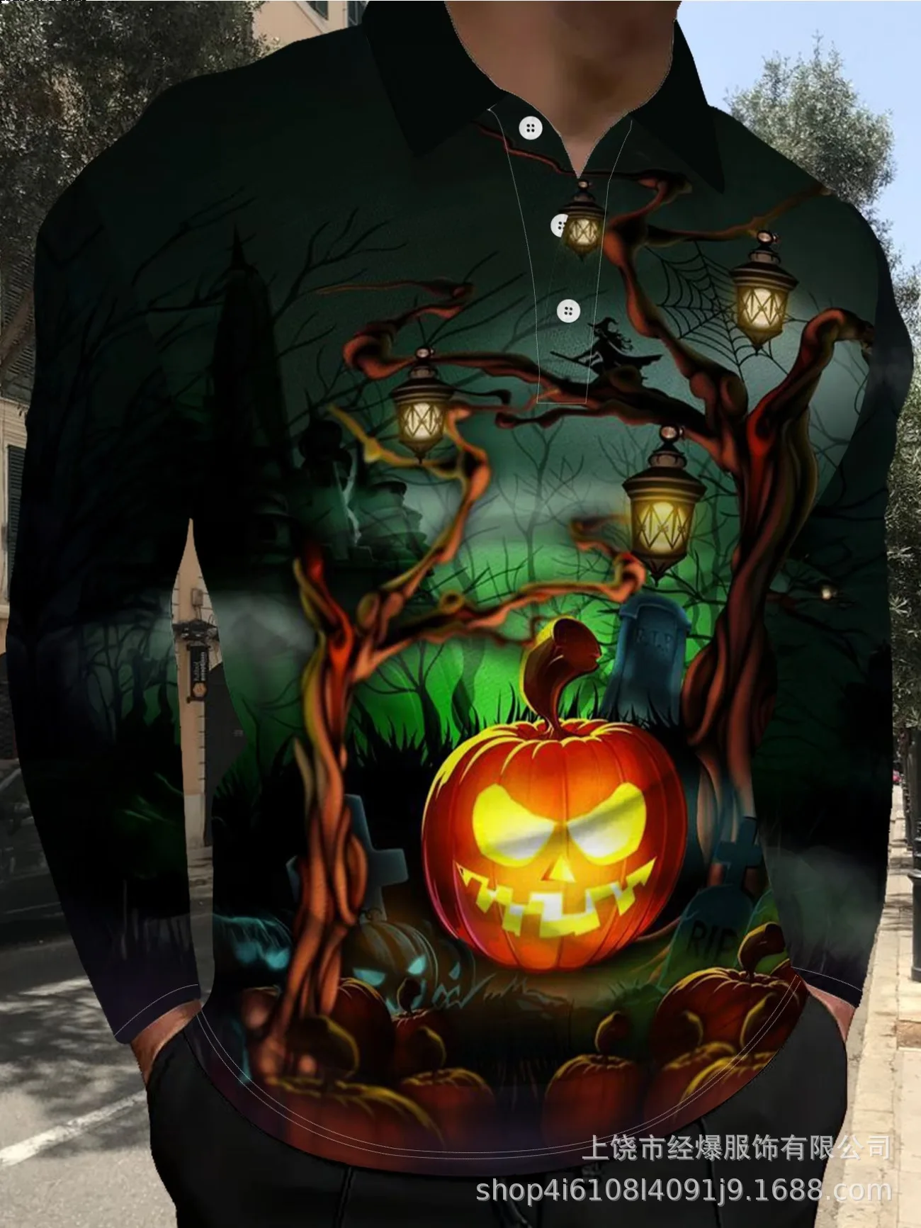 Men Long Sleeve Polo Shirt 3D Print Halloween Pumpkin Haunted House Skeleton Bat Gothic Party Casual Street Top