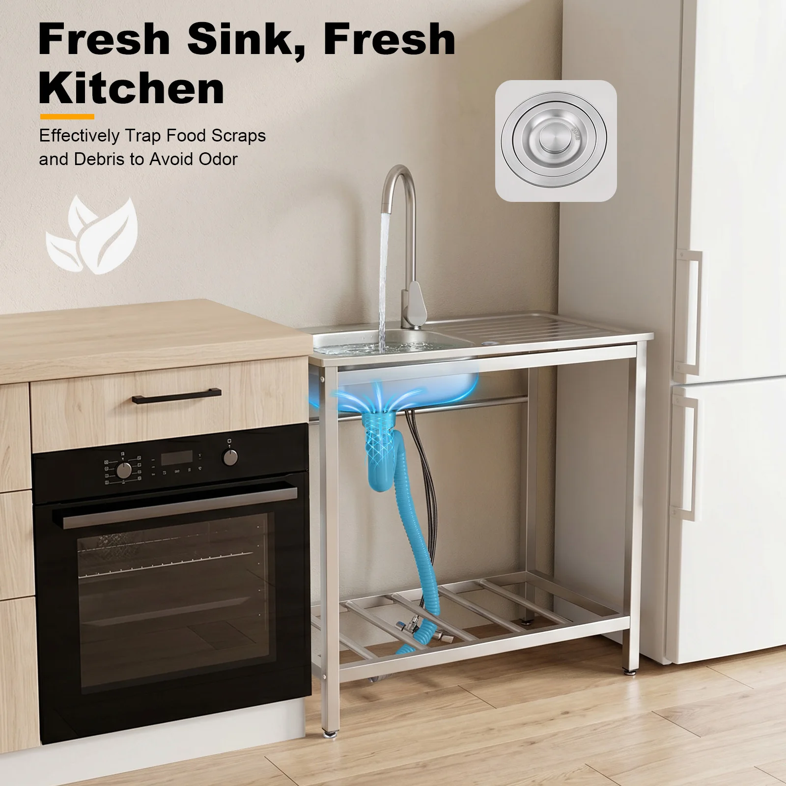 

75×40×75cm Freestanding Stainless Steel Sink Station, Outdoor Kitchen Utility Sink with Worktable & Bottom Storage Rack, Single Bowl with 360° Adjustable Hot/Cold Faucet + Leveling Feet + Gloves