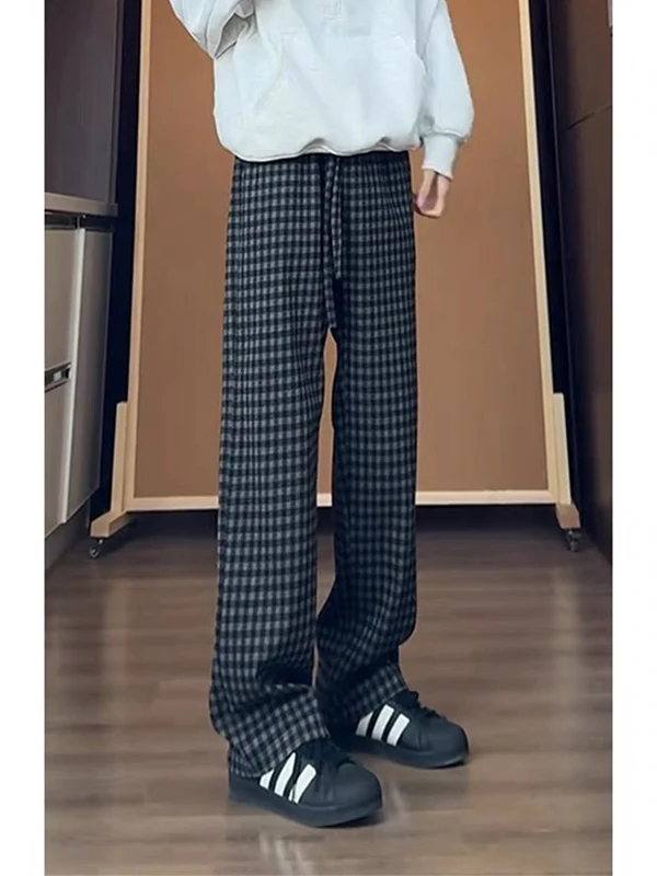 American Retro Black Plaid Men's Straight Leg Casual Pants Cool Lazy Style Loose Fit Trousers Fashionable Summer Leisure Pants