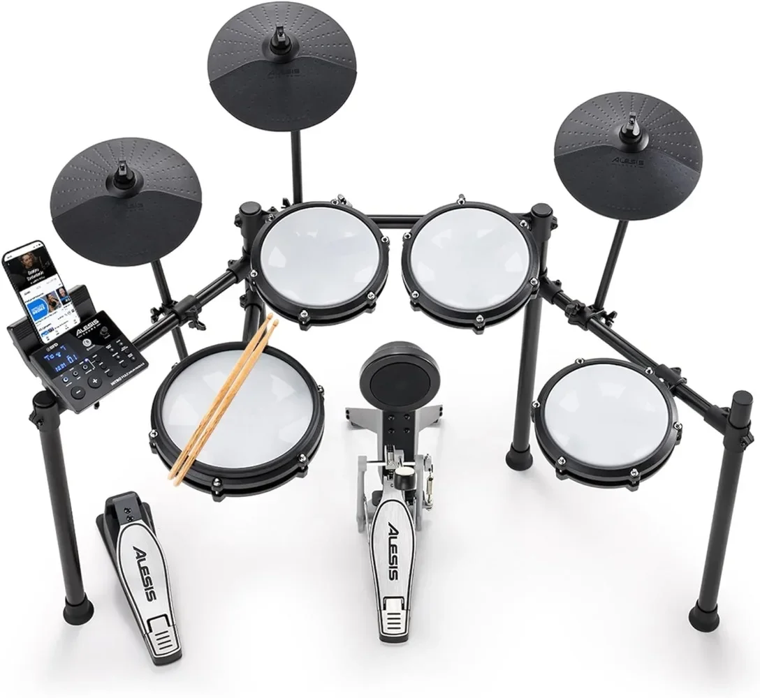 Alesis Nitro Max Kit Set Drum elektrik dengan bantalan jaring sunyi, 10 "zona ganda Snare, Bluetooth, 440 + suara autentik, Drumeo