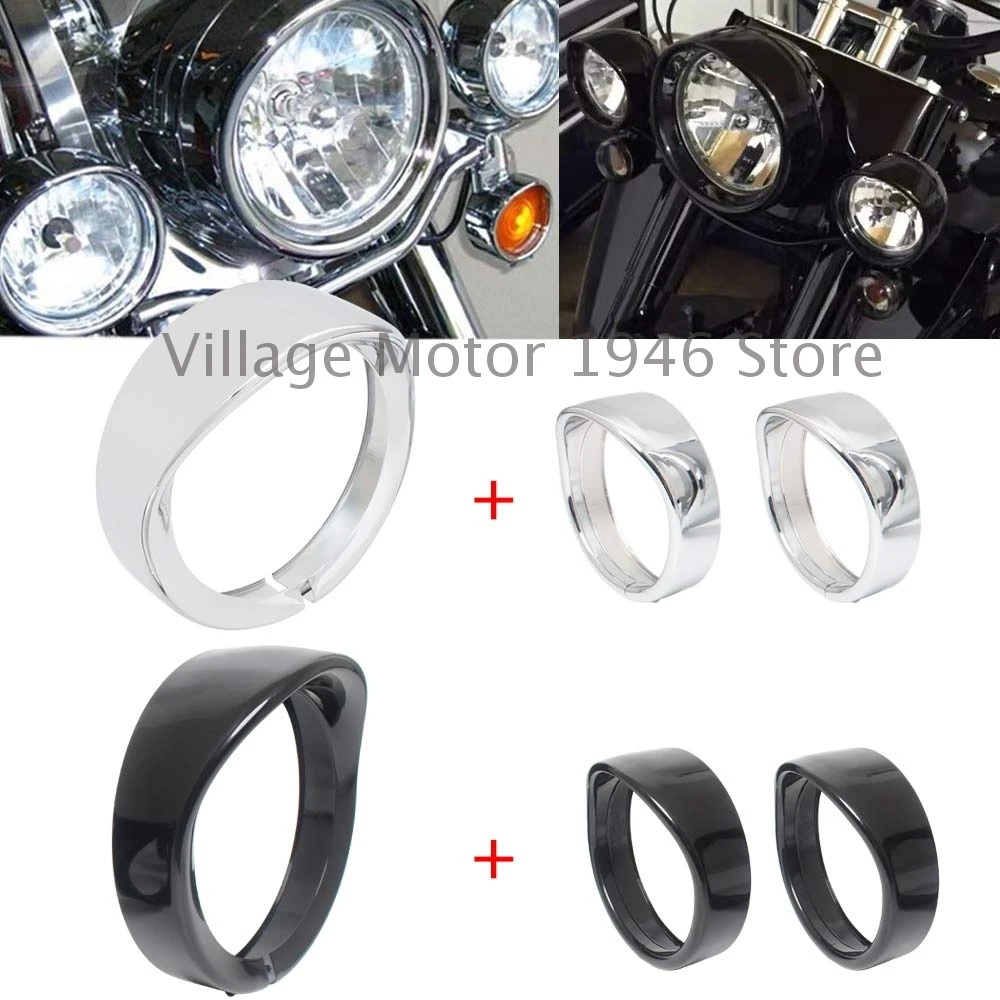 Chrome Black 7'' Visor Headlight Trim Ring 4.5'' Fog Light Cover For Harley-Davidson Electra Glide Road King Street Glide FLHX