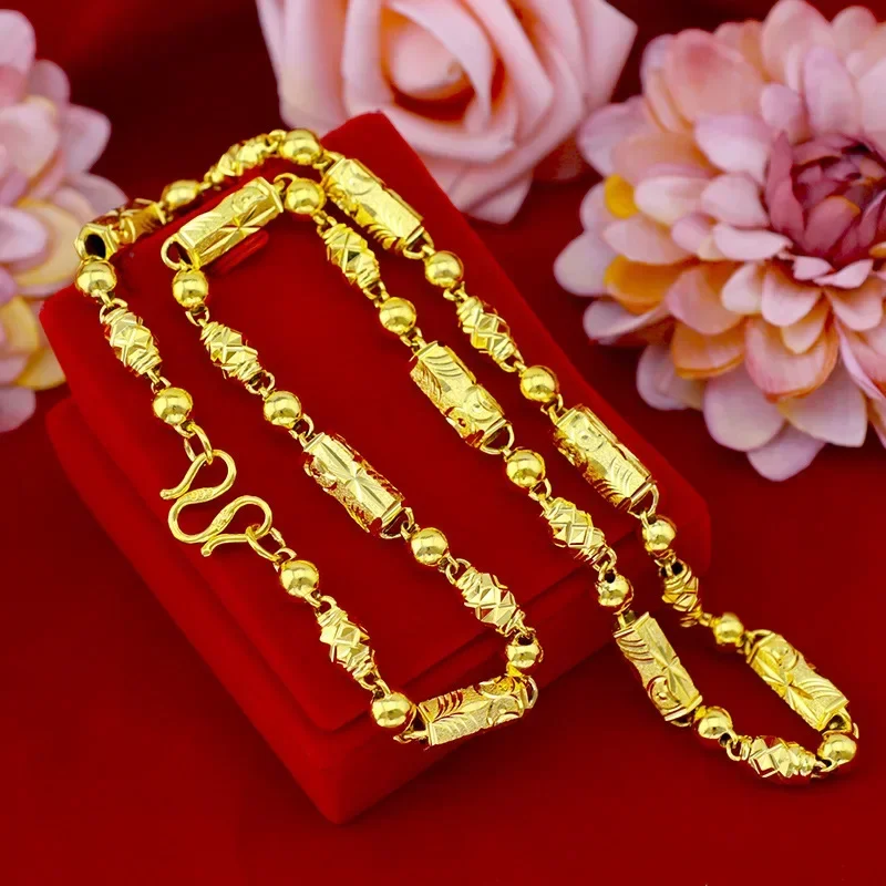

9999 Real Gold 24K Thickened Gold Men's Hollow Car Flower Hexagonal Necklace Gold Fashion Men's Necklace