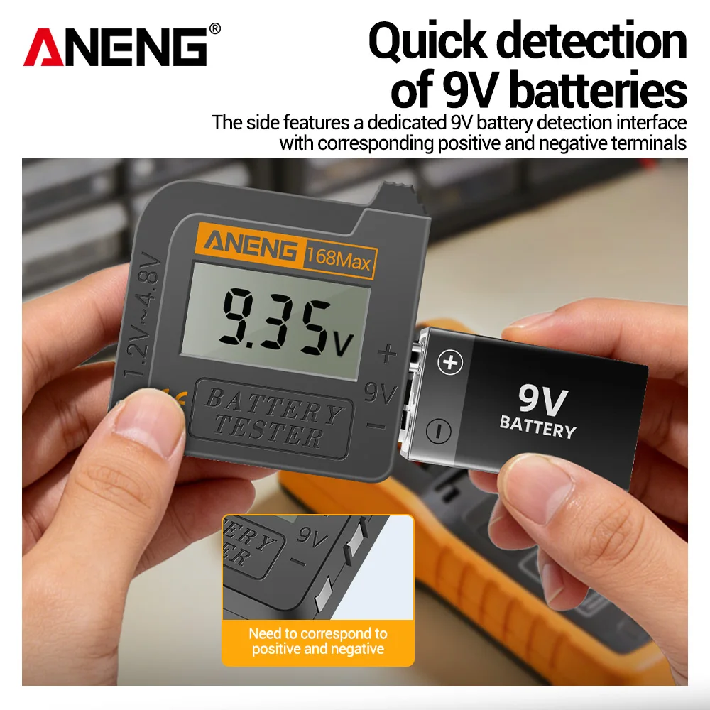 

Универсальный тестер батарей ANENG 168Max для AA/AAA/1.5V/9V/C/D, литиевых батарей 3.7V, кнопочных батарей CR2032/LR44, цифровой прибор для диагностики