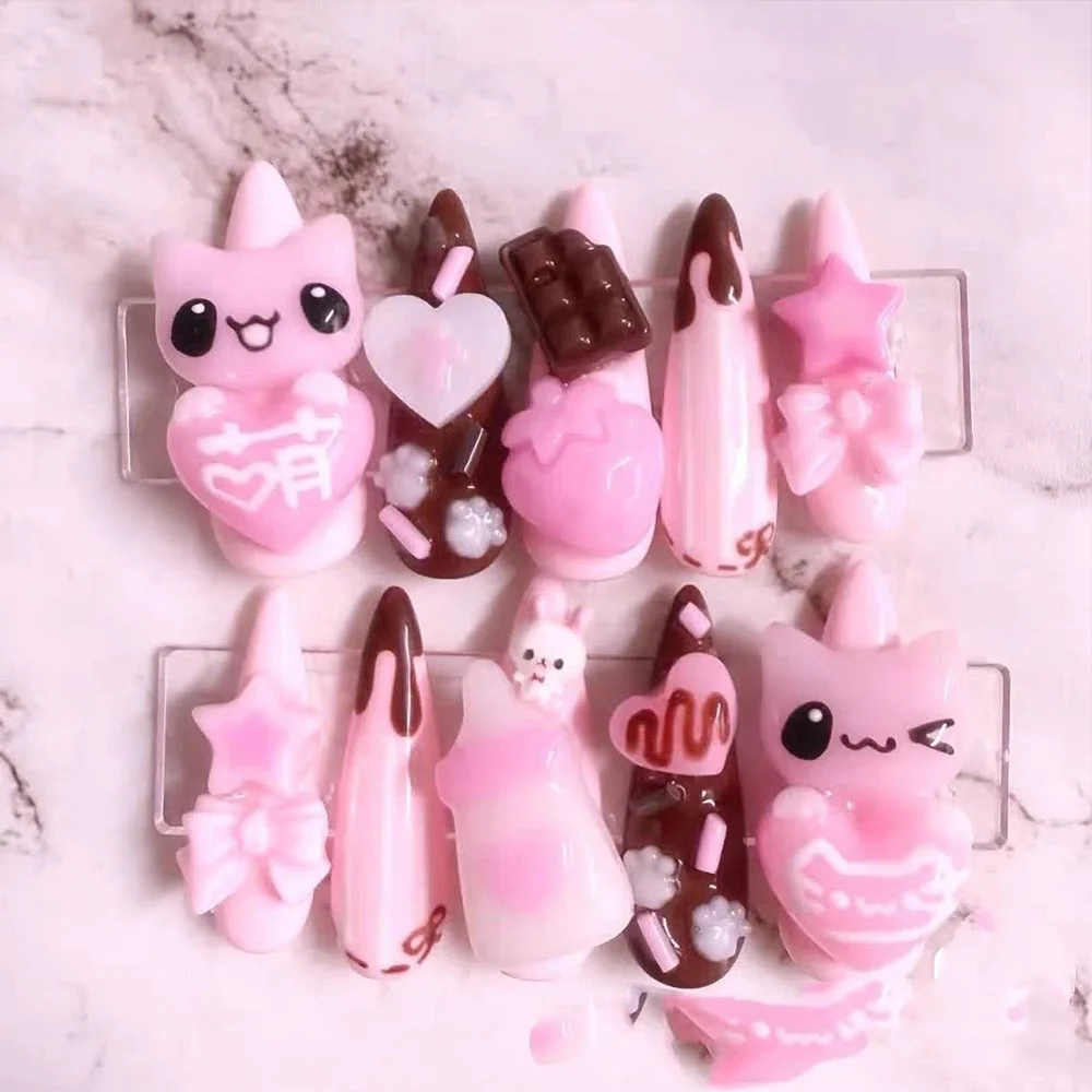 Niedliche Retro Japanische Rilakkuma Rosa Kaninchen Mandel Künstliche Nägel 3D Schleife Stern Katzenpfote Erdbeere Aufklebenägel Handaccessoires – Detail 11
