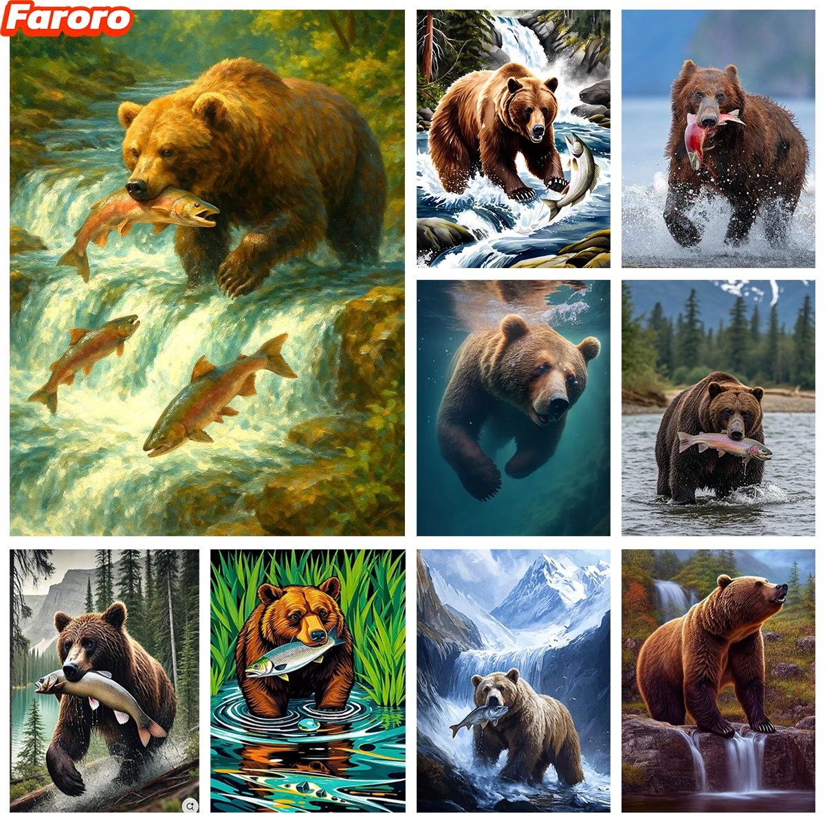 

Animal Theme 5D Diamond Painting Brown Bear Fishing DIY Mosaic Style Home Decor Diamond Embroidery Hand Gift