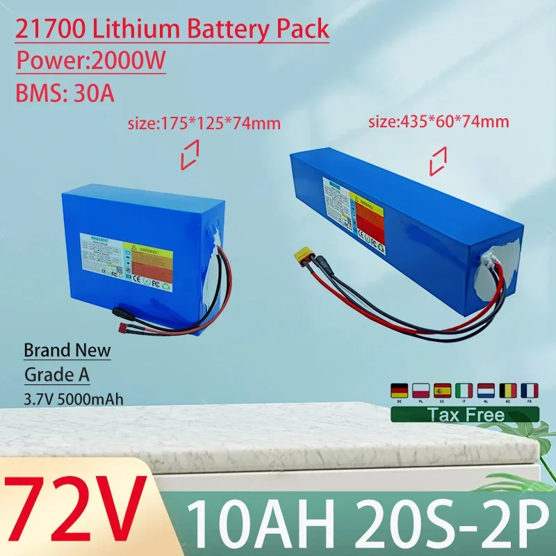 72V 10Ah 21700 20S2P Lithium Ion Battery Pack 2000W Power Tool Batteries Outdoor Backup Batteries With 30A BMS+84V 3A charger