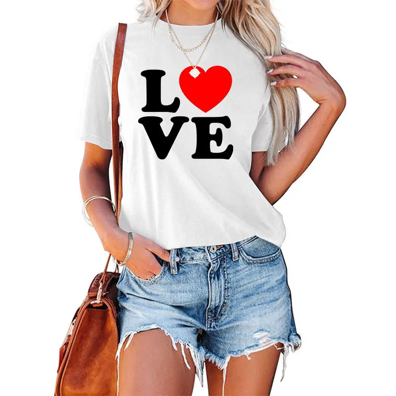 COTTON 100% Lovers LOVE Printed Valentine's Day Short-sleeved T-shirts in Europe and The United States Have Exploded Oversized