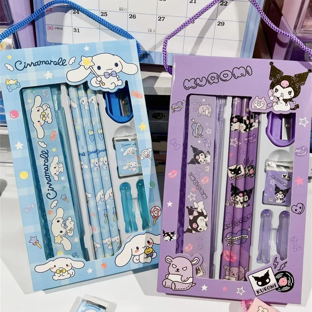 Sanrio Hellokitty Cinnamoroll Melody Kuromi Stationery Set Pencils Erasers Rulers Cartoon School Supplies Study Stationery Gifts